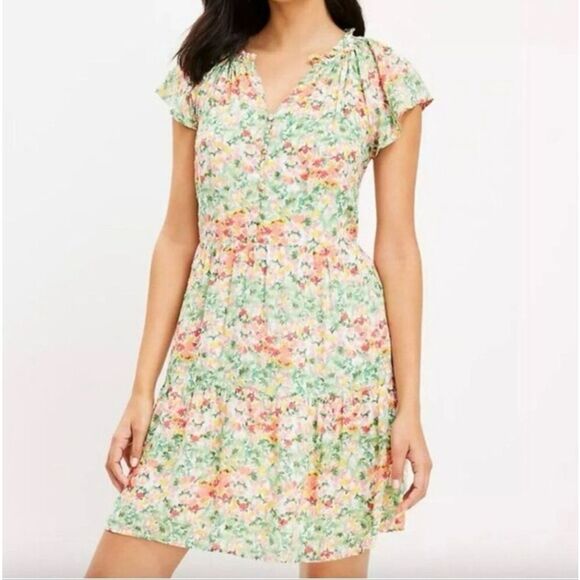 LOFT Dresses & Skirts - LOFT Buttercup Floral Tiered Swing‎ Dress Flutter Sleeves Medium